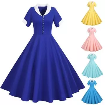 Женская мода повседневная тонкая однотонная винтажная с коротким рукавом и воротником большого размера платья L