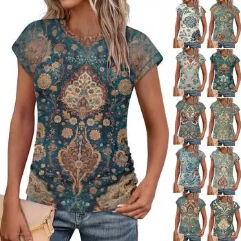 Женская мода повседневная тонкая завязка на талии с закрытыми рукавами и круглым вырезом с винтажным принтом футболка M синий