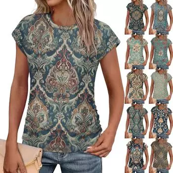 Женская мода повседневная тонкая завязка на талии с закрытыми рукавами и круглым вырезом с винтажным принтом футболка M