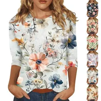 Женская мода повседневная три четверти рукав цветочный принт круглый вырез пуловер топ XXL