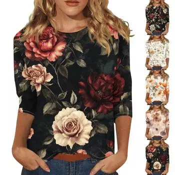 Женская мода повседневная три четверти рукав цветочный принт круглый вырез пуловер топ M чёрный