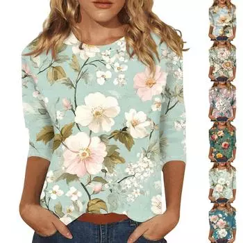 Женская мода повседневная три четверти рукав цветочный принт круглый вырез пуловер топ XXL