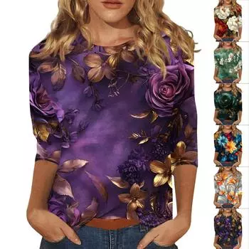 Женская мода повседневная три четверти рукав цветочный принт круглый вырез пуловер топ XXXL синий