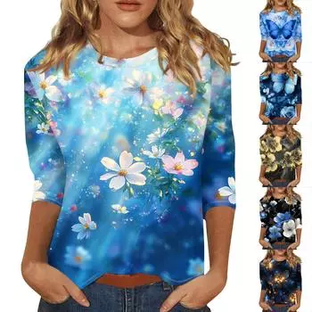 Женская мода повседневная три четверти рукав цветочный принт круглый вырез пуловер топ XXL