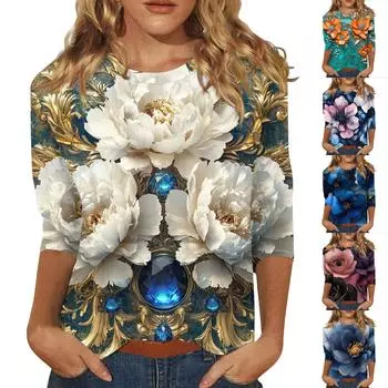 Женская мода повседневная три четверти рукав цветочный принт круглый вырез пуловер топ L синий