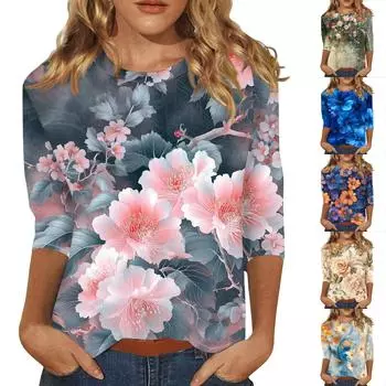 Женская мода повседневная три четверти рукав цветочный принт круглый вырез пуловер топ L синий