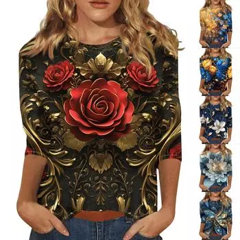 Женская мода повседневная три четверти рукав цветочный принт круглый вырез пуловер топ L чёрный