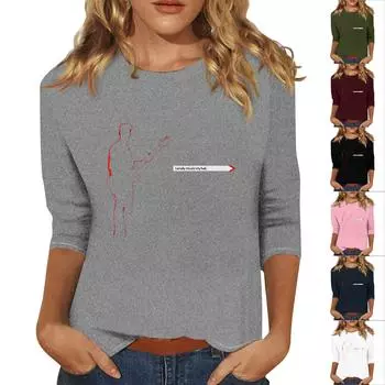 Женская мода повседневная три четверти рукав ретро принт круглый вырез пуловер топ M чёрный