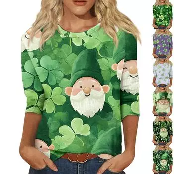 Женская мода повседневная три четверти рукав St. Пуловер с принтом «Четыре листа» на шею ко Дню Святого Патрика XXL