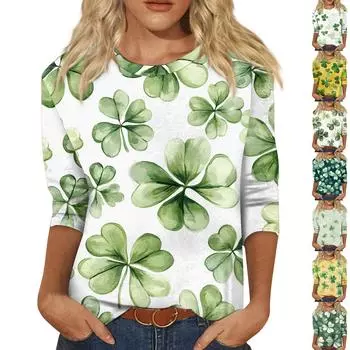 Женская мода повседневная три четверти рукав St. Пуловер с принтом «Четыре листа» на шею ко Дню Святого Патрика XXXL белый