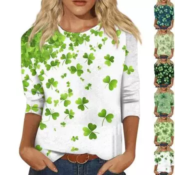 Женская мода повседневная три четверти рукав St. Пуловер с принтом «Четыре листа» на шею ко Дню Святого Патрика XXL