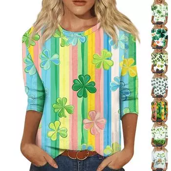 Женская мода повседневная три четверти рукав St. Пуловер с принтом «Четыре листа» на шею ко Дню Святого Патрика M зелёный