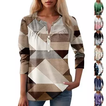 Женская мода повседневная три четверти рукав V-образный вырез цветочный принт топ L чёрный