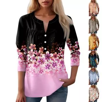 Женская мода повседневная три четверти рукав V-образный вырез цветочный принт топ L