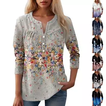 Женская мода повседневная три четверти рукав V-образный вырез цветочный принт топ L синий