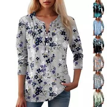 Женская мода повседневная три четверти рукав V-образный вырез цветочный принт топ L циан