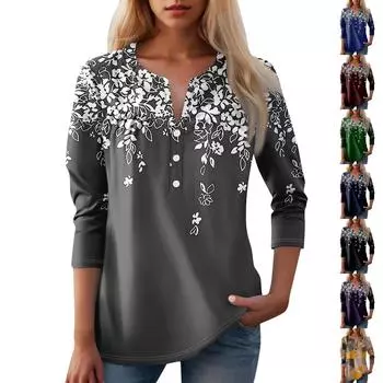 Женская мода повседневная три четверти рукав V-образный вырез цветочный принт топ M