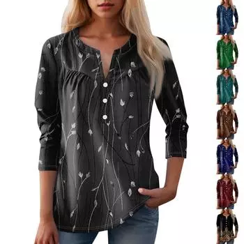 Женская мода повседневная три четверти рукав V-образный вырез цветочный принт топ S