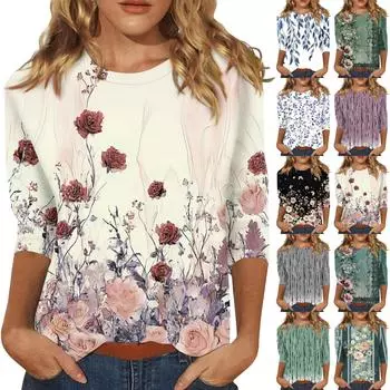 Женская мода повседневная три четверти рукав винтажный цветочный принт круглый вырез топ S