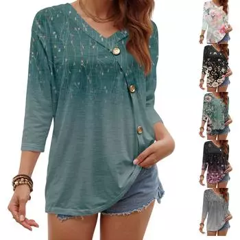 Женская мода повседневная три четверти рукав винтажный цветочный принт пуговиц круглый вырез топ XXL чёрный