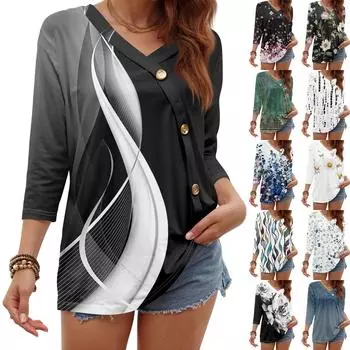 Женская мода повседневная три четверти рукав винтажный цветочный принт пуговиц круглый вырез топ XL синий