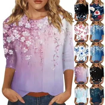 Женская мода повседневная три четверти рукав винтажный цветочный принт круглый вырез топ L белый