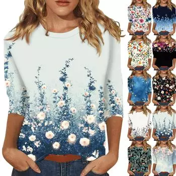 Женская мода повседневная три четверти рукав винтажный цветочный принт круглый вырез топ M бежевый