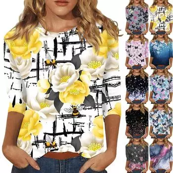 Женская мода повседневная три четверти рукав винтажный цветочный принт круглый вырез топ S