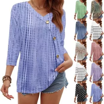 Женская мода повседневная три четверти рукав винтажный цветочный принт пуговиц круглый вырез топ L синий