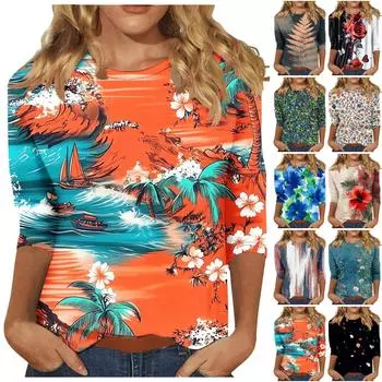 Женская мода повседневная три четверти рукава цветочный принт горловина топ L циан