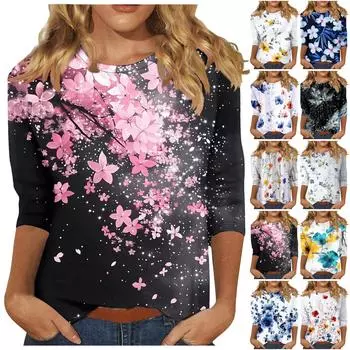 Женская мода повседневная три четверти рукава цветочный принт горловина топ L циан