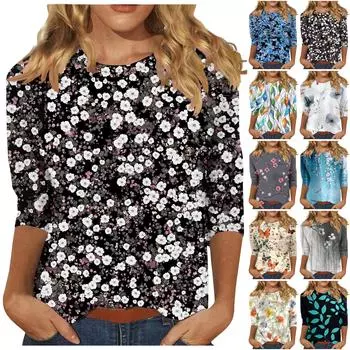 Женская мода повседневная три четверти рукава цветочный принт горловина топ L циан