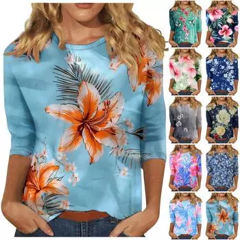 Женская мода повседневная три четверти рукава цветочный принт горловина топ L циан