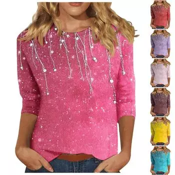 Женская мода повседневная три четверти рукава цветочный принт горловина топ L темно-синий