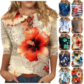 Женская мода повседневная три четверти рукава цветочный принт горловина топ L циан