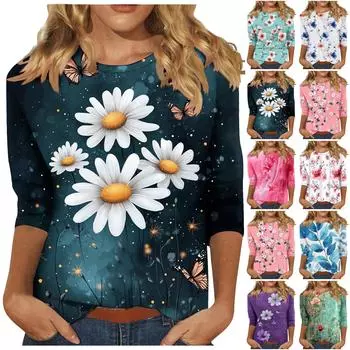 Женская мода повседневная три четверти рукава цветочный принт горловина топ L циан