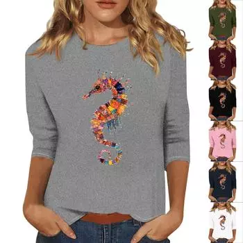 Женская мода повседневная три четверти рукава гиппокамп печать круглый вырез пуловер топ L армия зеленый