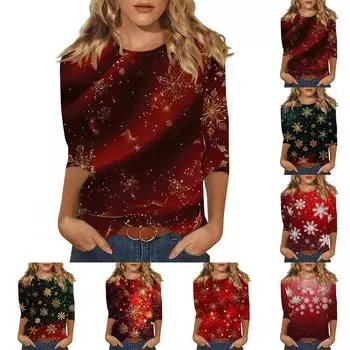Женская мода повседневная три четверти рукава рождественский принт круглый вырез пуловер топ XXXXL