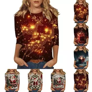Женская мода повседневная три четверти рукава рождественский принт круглый вырез пуловер топ L красный