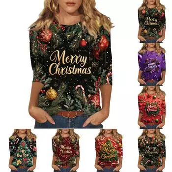 Женская мода повседневная три четверти рукава рождественский принт круглый вырез пуловер топ M