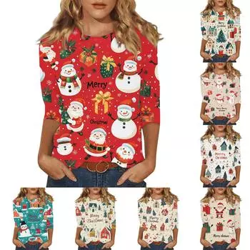 Женская мода повседневная три четверти рукава рождественский принт круглый вырез пуловер топ XXL хаки