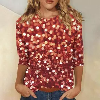 Женская мода повседневная три четверти рукава с принтом пайеток круглый вырез топ S красный