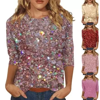 Женская мода повседневная три четверти рукава с принтом пайеток круглый вырез топ XXL