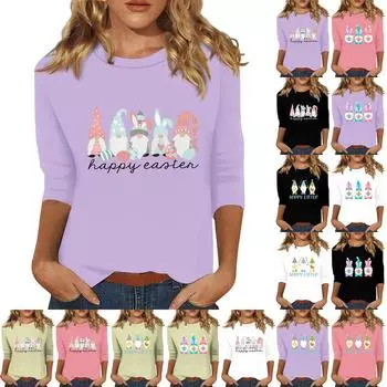 Женская мода повседневная три четверти рукава с принтом пайеток круглый вырез топ L бежевый