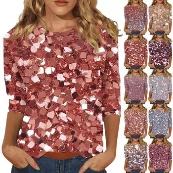 Женская мода повседневная три четверти рукава с принтом пайеток круглый вырез топ L