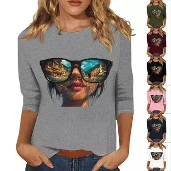 Женская мода повседневная три четверти рукава с принтом персонажей круглый вырез пуловер топ L армия зеленый