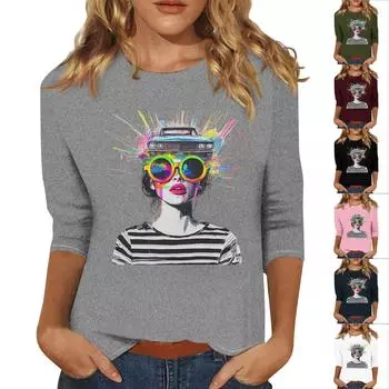 Женская мода повседневная три четверти рукава с принтом персонажей круглый вырез пуловер топ L армия зеленый