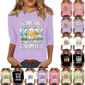 Женская мода повседневная три четверти рукава с принтом пайеток круглый вырез топ L бежевый