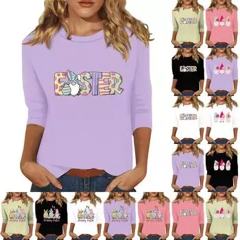 Женская мода повседневная три четверти рукава с принтом пайеток круглый вырез топ L бежевый