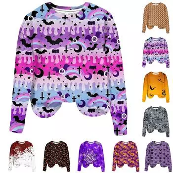 Женская мода повседневная удобная толстовка с круглым вырезом пуловер футболка с принтом на Хэллоуин топ XXXL